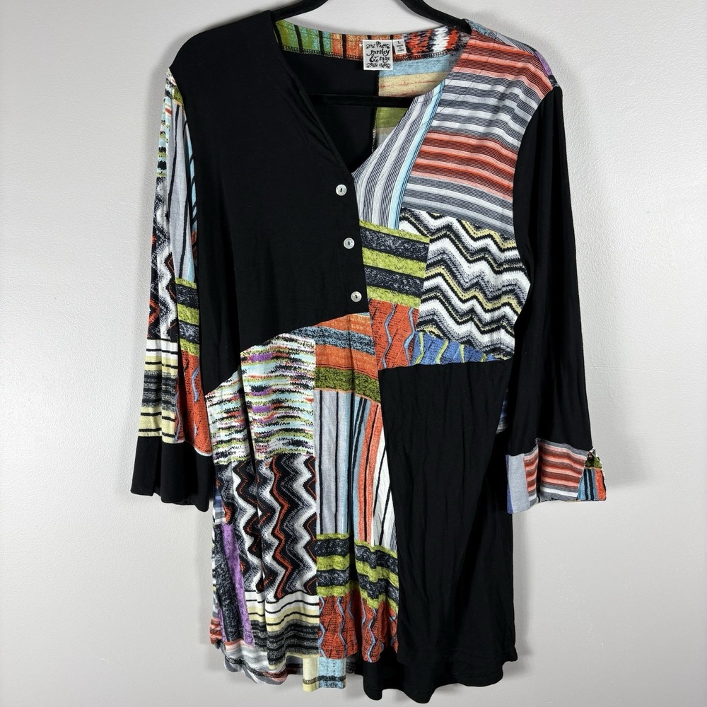 Parsley and Sage Women's Large Multicolor V Neck 3/4 Sleeve‎ Art To Wear Tunic